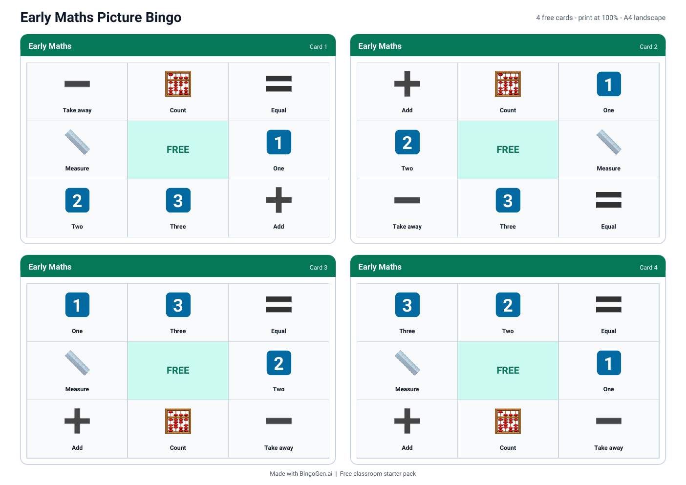 Actual first page of the Early Maths Picture Bingo free PDF: four printable cards