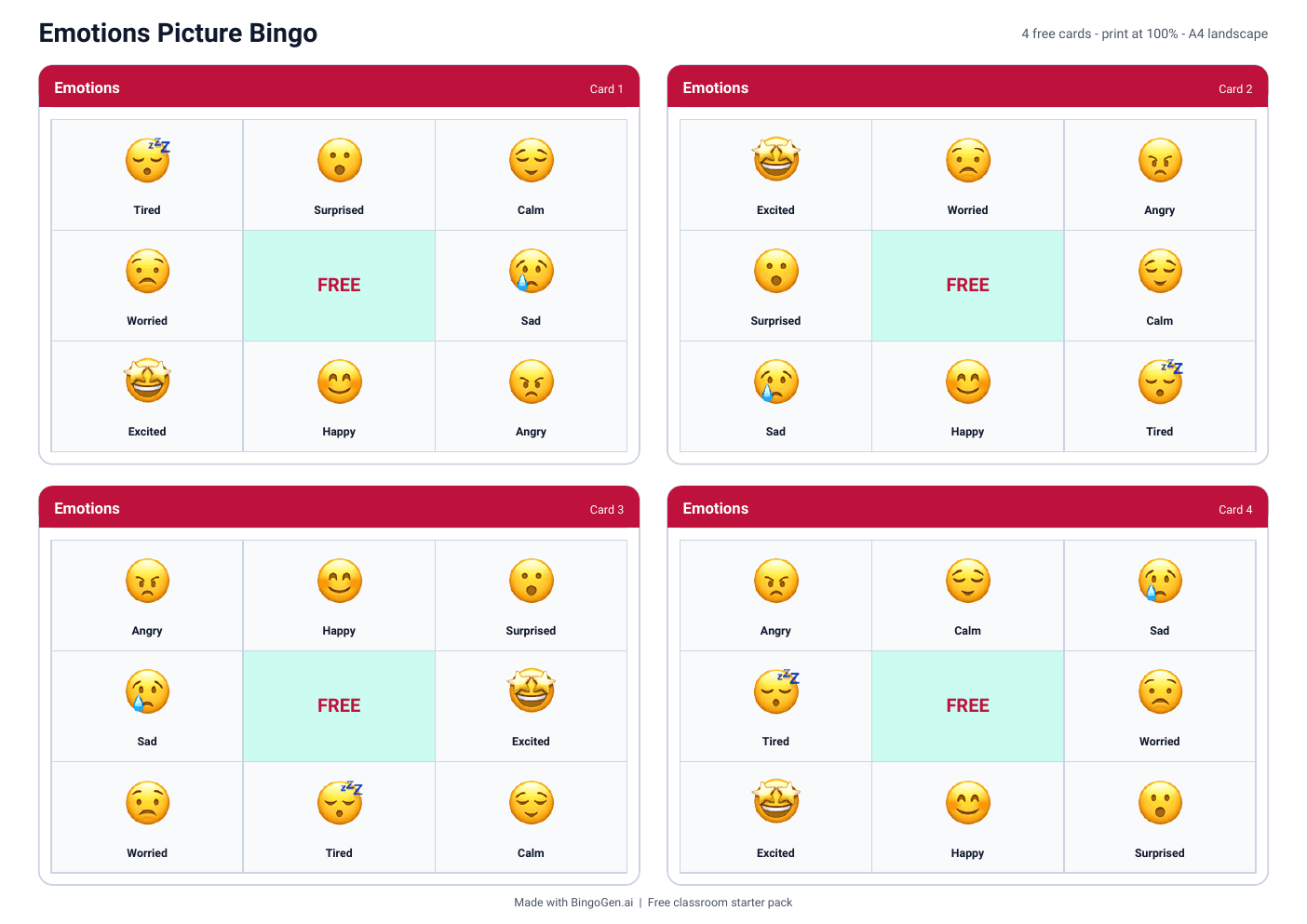 Actual first page of the Emotions Picture Bingo free PDF: four printable cards