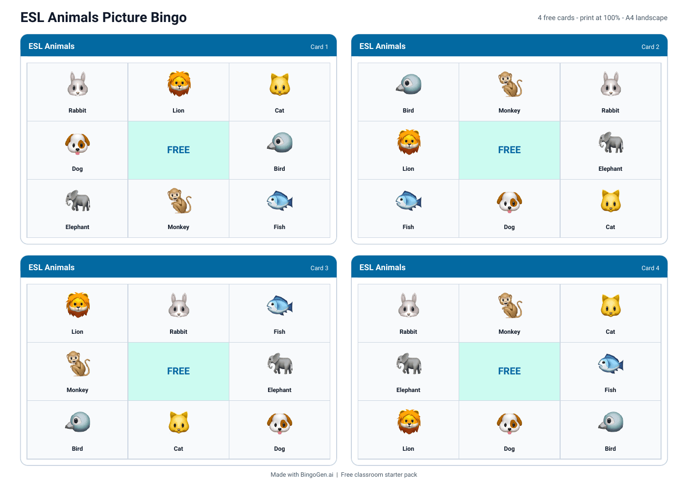 Actual first page of the ESL Animals Picture Bingo free PDF: four printable cards