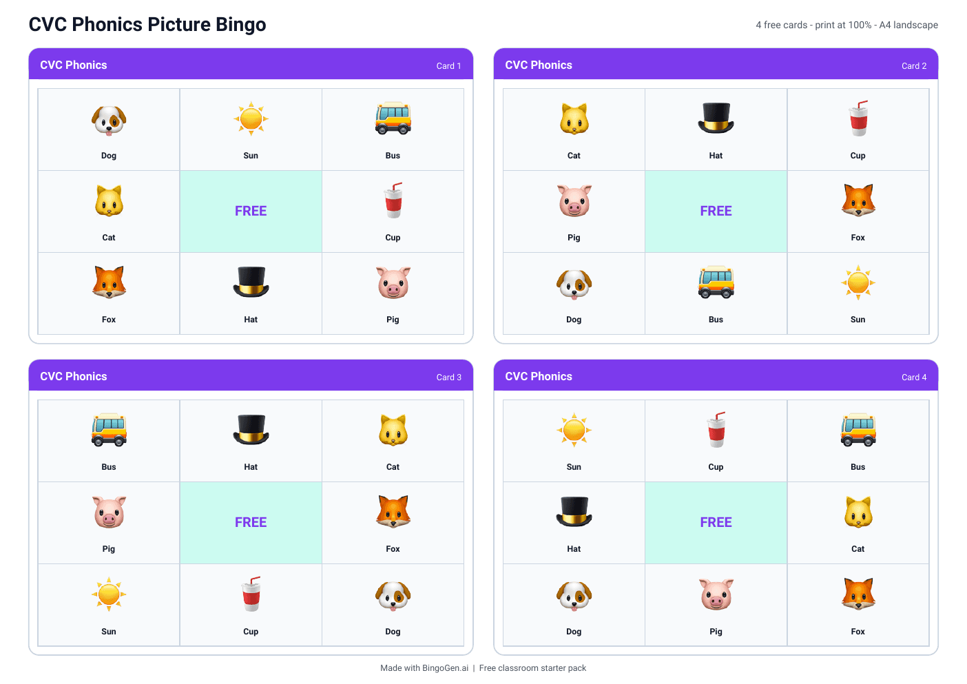 Actual first page of the CVC Phonics Picture Bingo free PDF: four printable cards