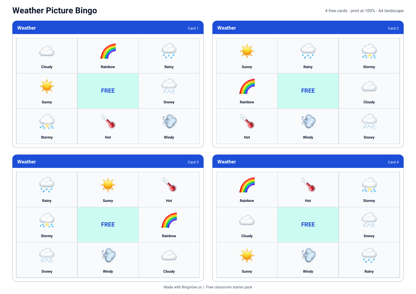 Actual first page of the Weather Picture Bingo free PDF: four printable cards