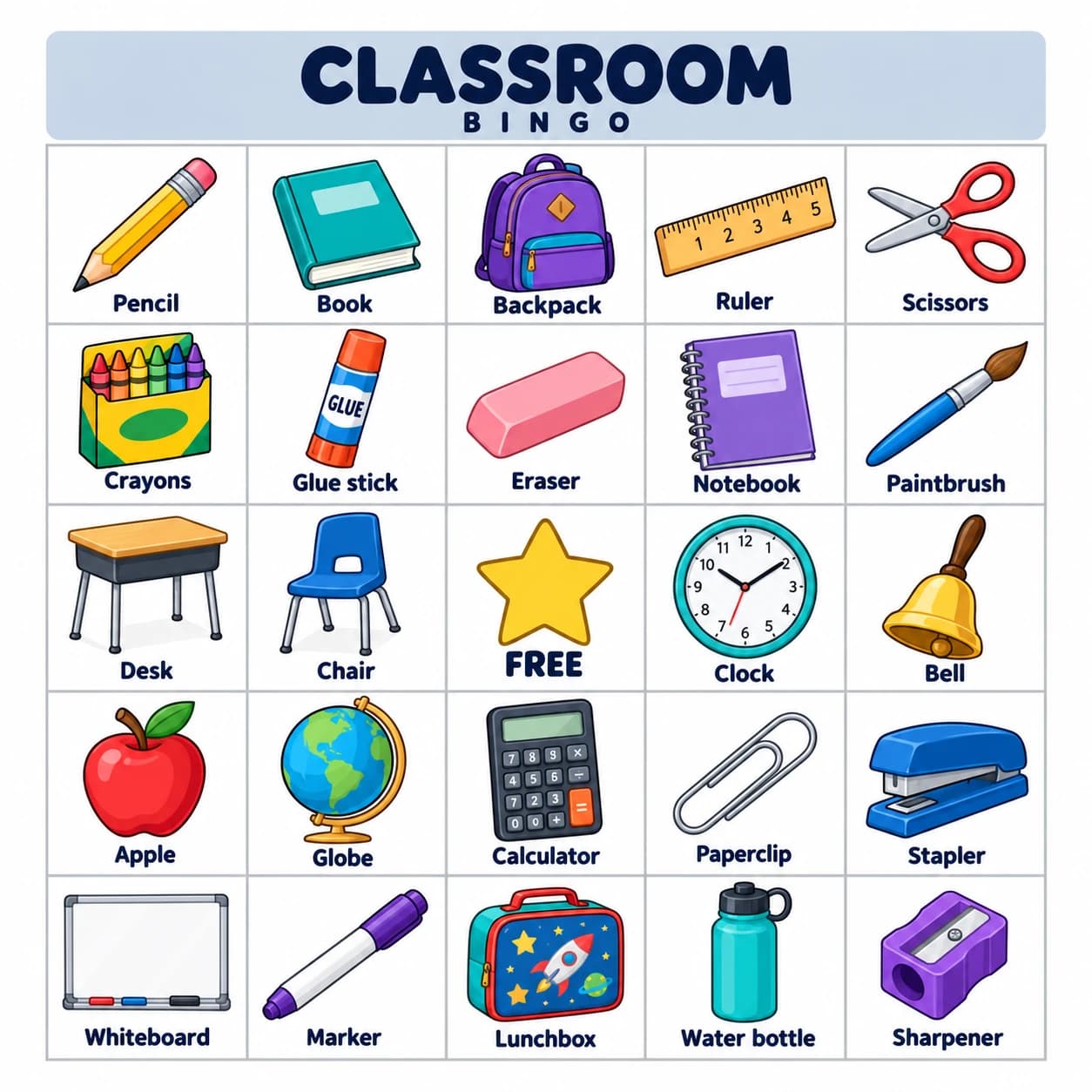 Classroom picture bingo card