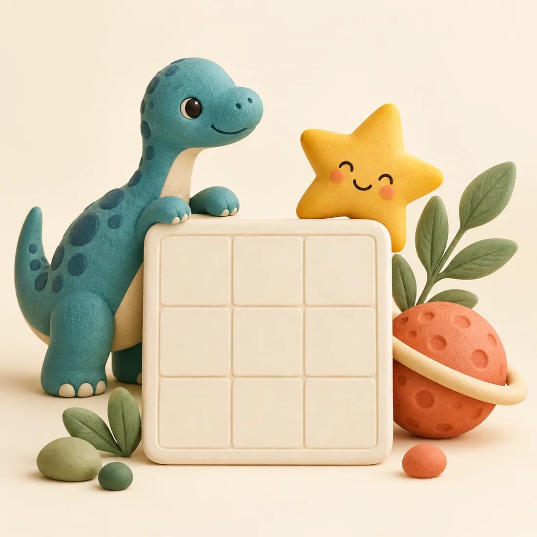 Playful clay dinosaur, star and planet gathered around a bingo grid
