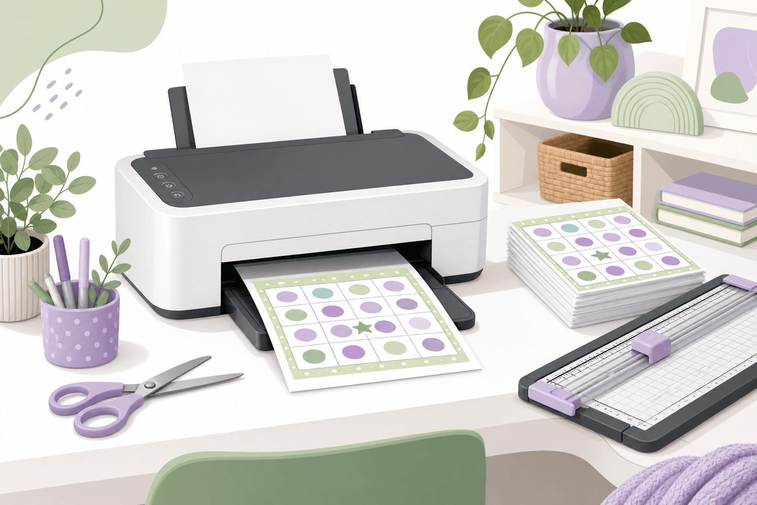Illustration: home printer and bingo cards on a desk, ready to trim and play