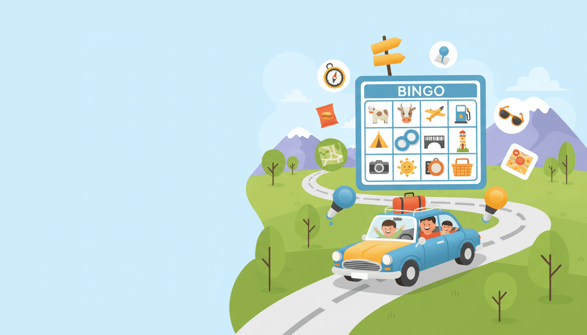 Road Trip Bingo: 25+ Free Printable Games for Family Car Travel — header illustration