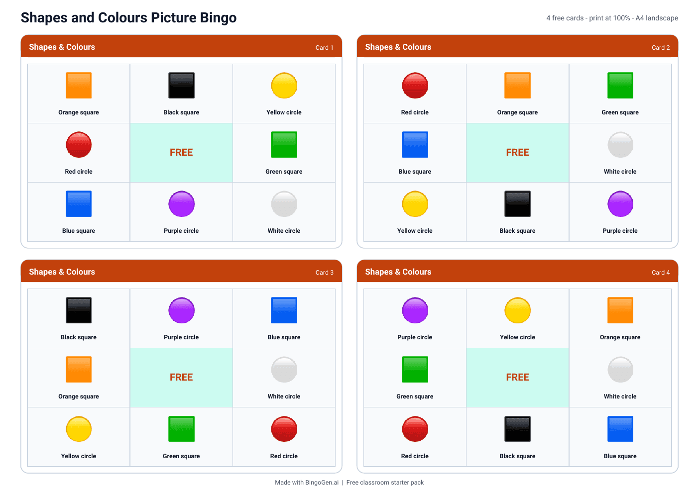 Actual first page of the Shapes and Colours Picture Bingo free PDF: four printable cards