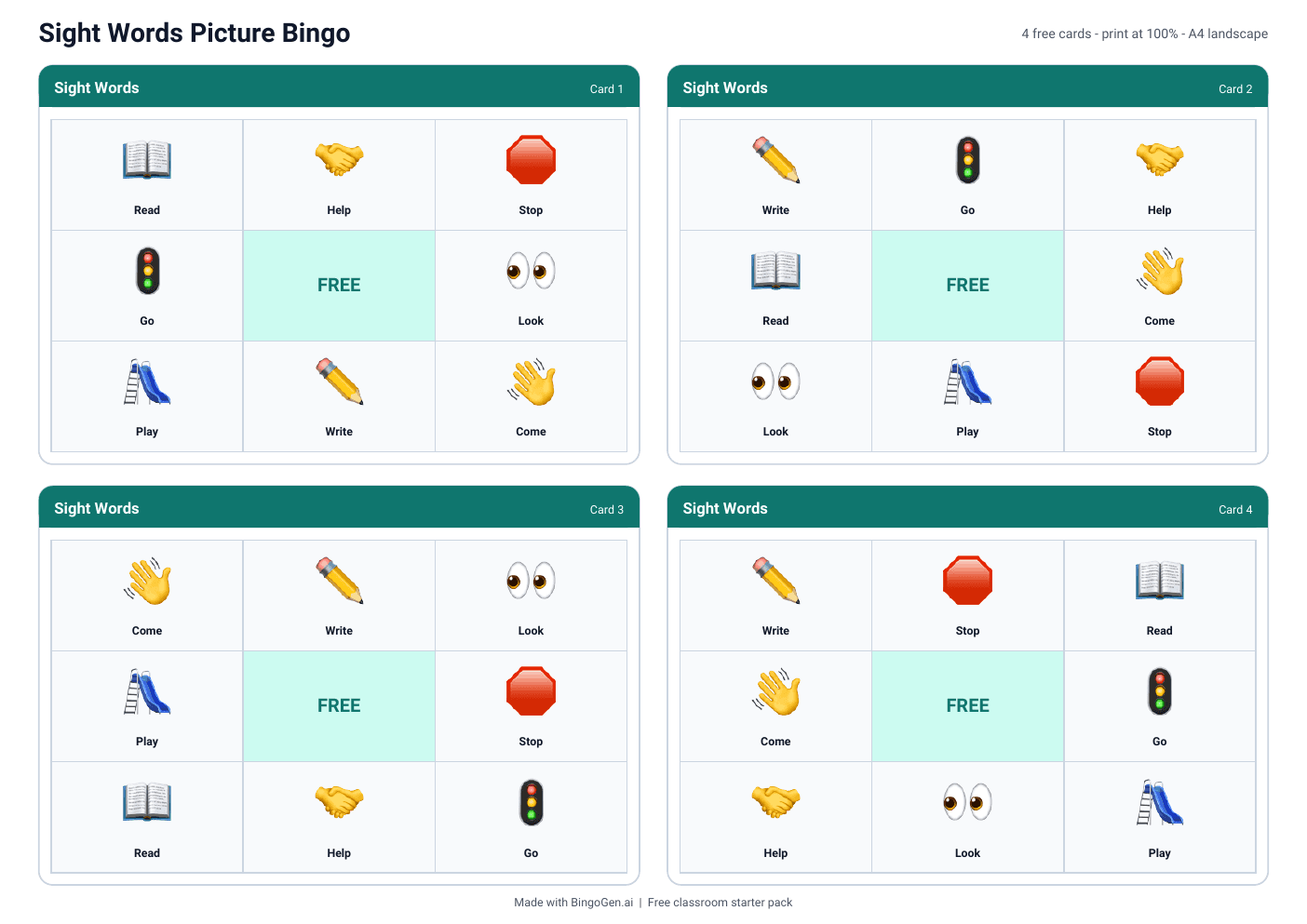 Actual first page of the Sight Words Picture Bingo free PDF: four printable cards