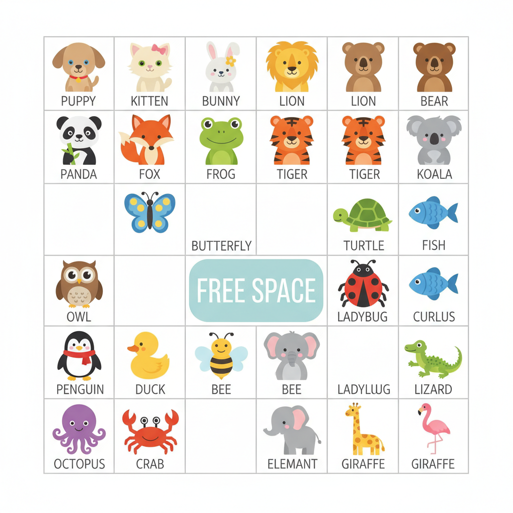 Sample AI image bingo card for Animal Bingo
