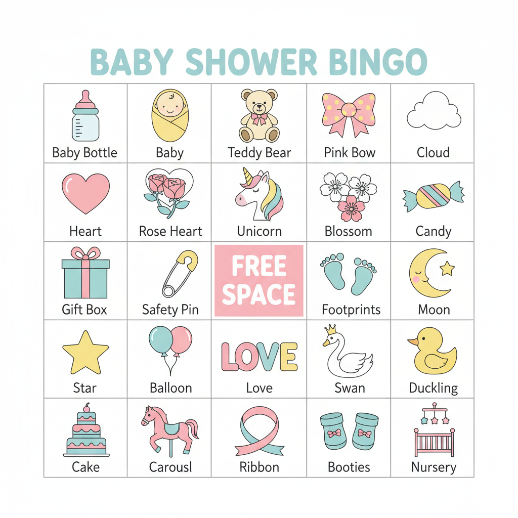 Sample AI image bingo card for Baby Shower Bingo