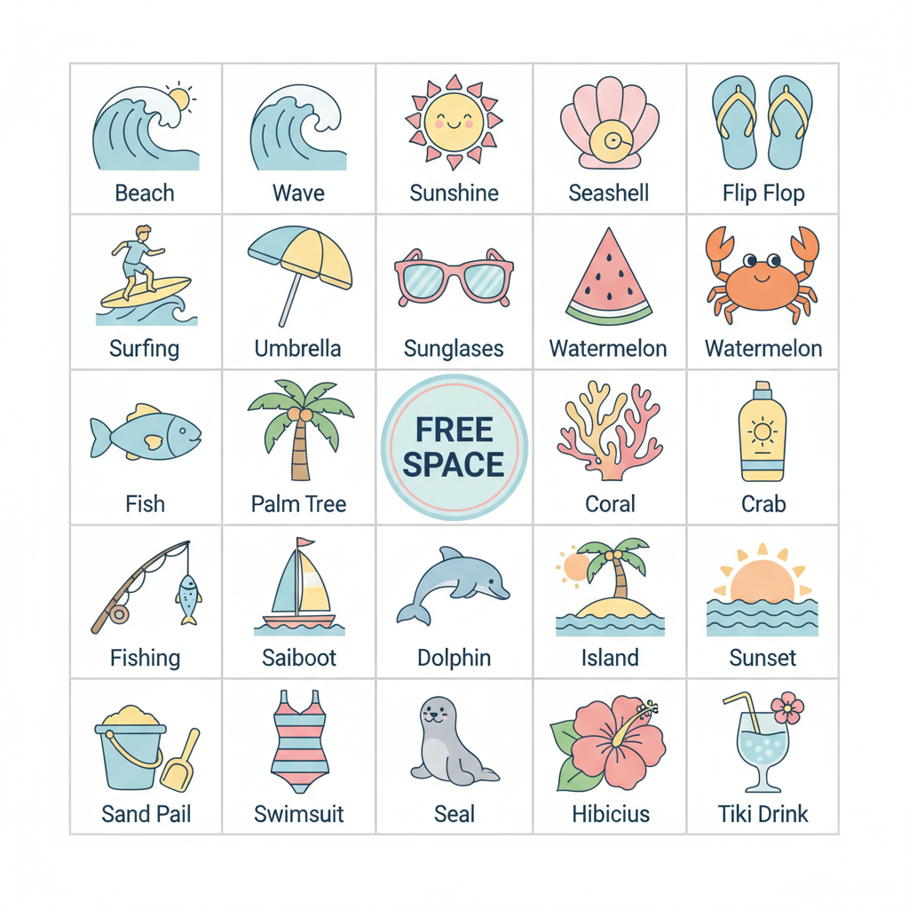 Sample AI image bingo card for Beach Bingo