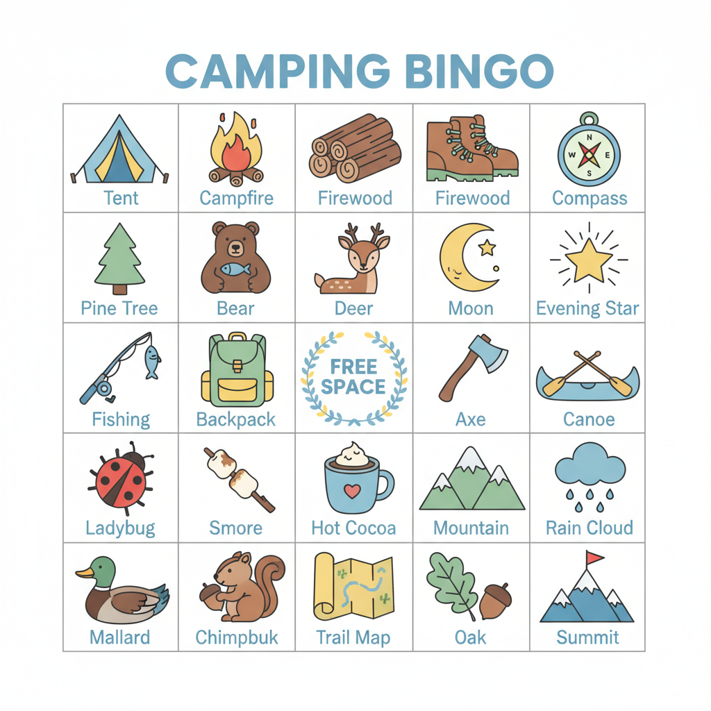 Sample AI image bingo card for Camping Bingo