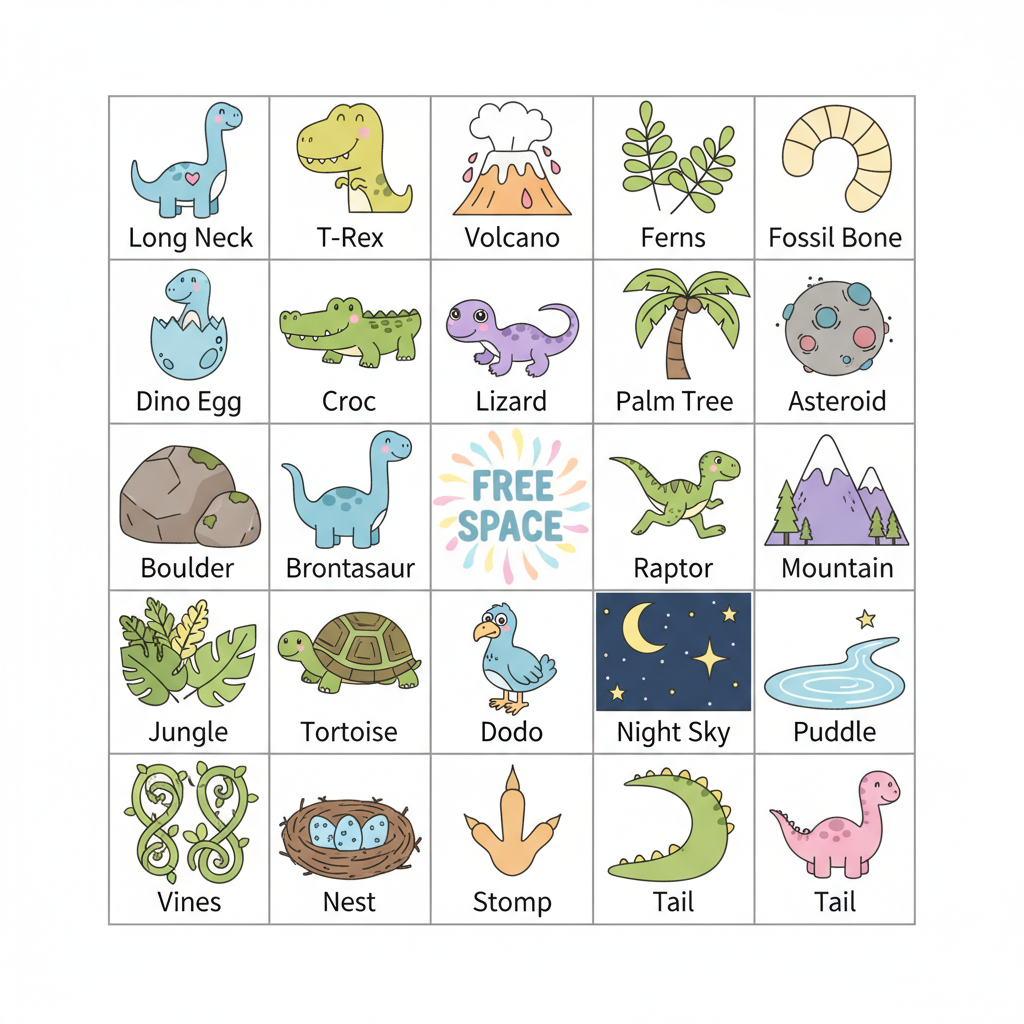 Sample AI image bingo card for Dinosaur Bingo