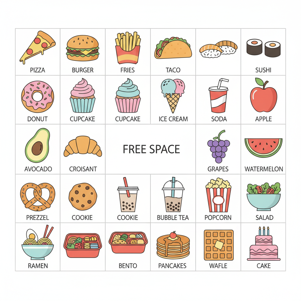 Sample AI image bingo card for Food Bingo