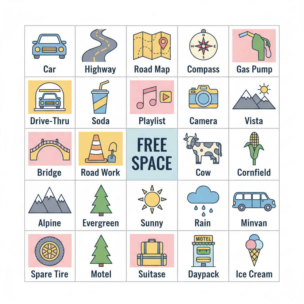Sample AI image bingo card for Road Trip Bingo