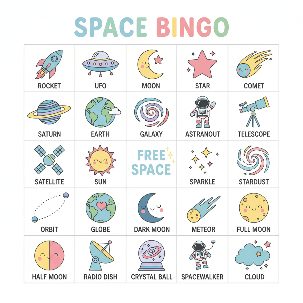 Sample AI image bingo card for Space Bingo