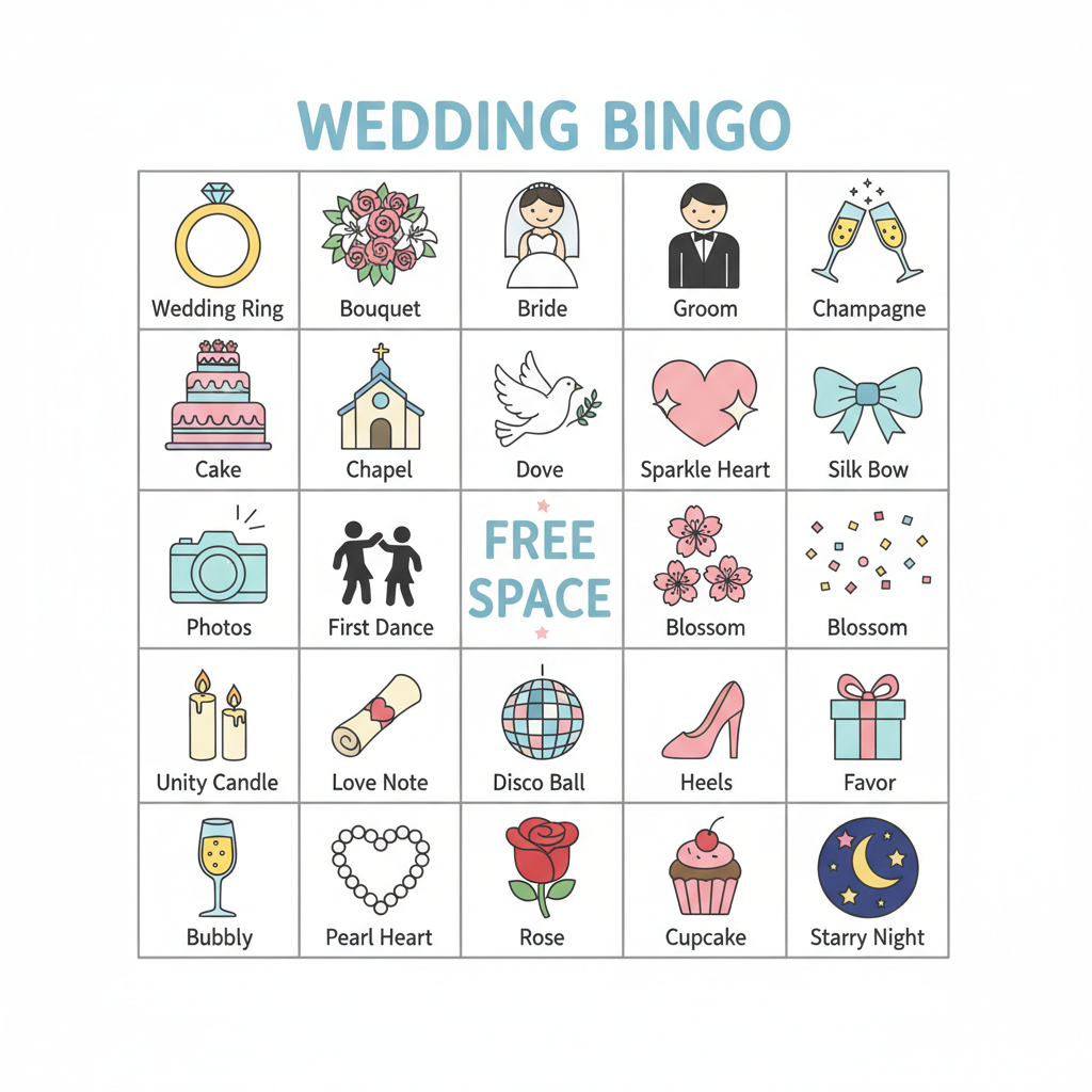 Sample AI image bingo card for Wedding Bingo